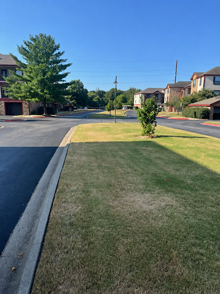 Well-maintained residential community with landscaped lawns, trees, and paved streets